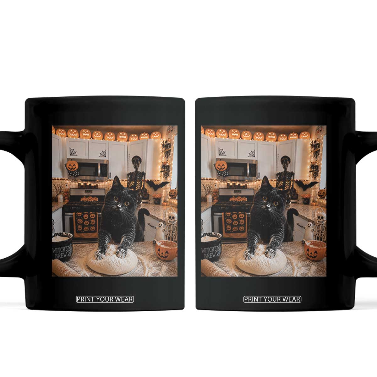 Black Cat Making Biscuits Coffee Mug Spooky Halloween Kitchen Flour Kneading Graphic
