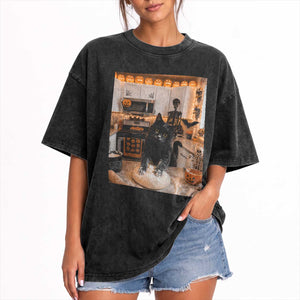 Black Cat Making Biscuits Washed Cotton T-Shirt Spooky Halloween Kitchen Flour Kneading Graphic