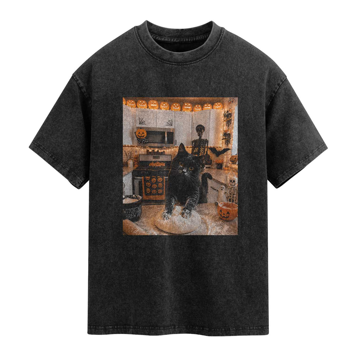 Black Cat Making Biscuits Washed Cotton T-Shirt Spooky Halloween Kitchen Flour Kneading Graphic