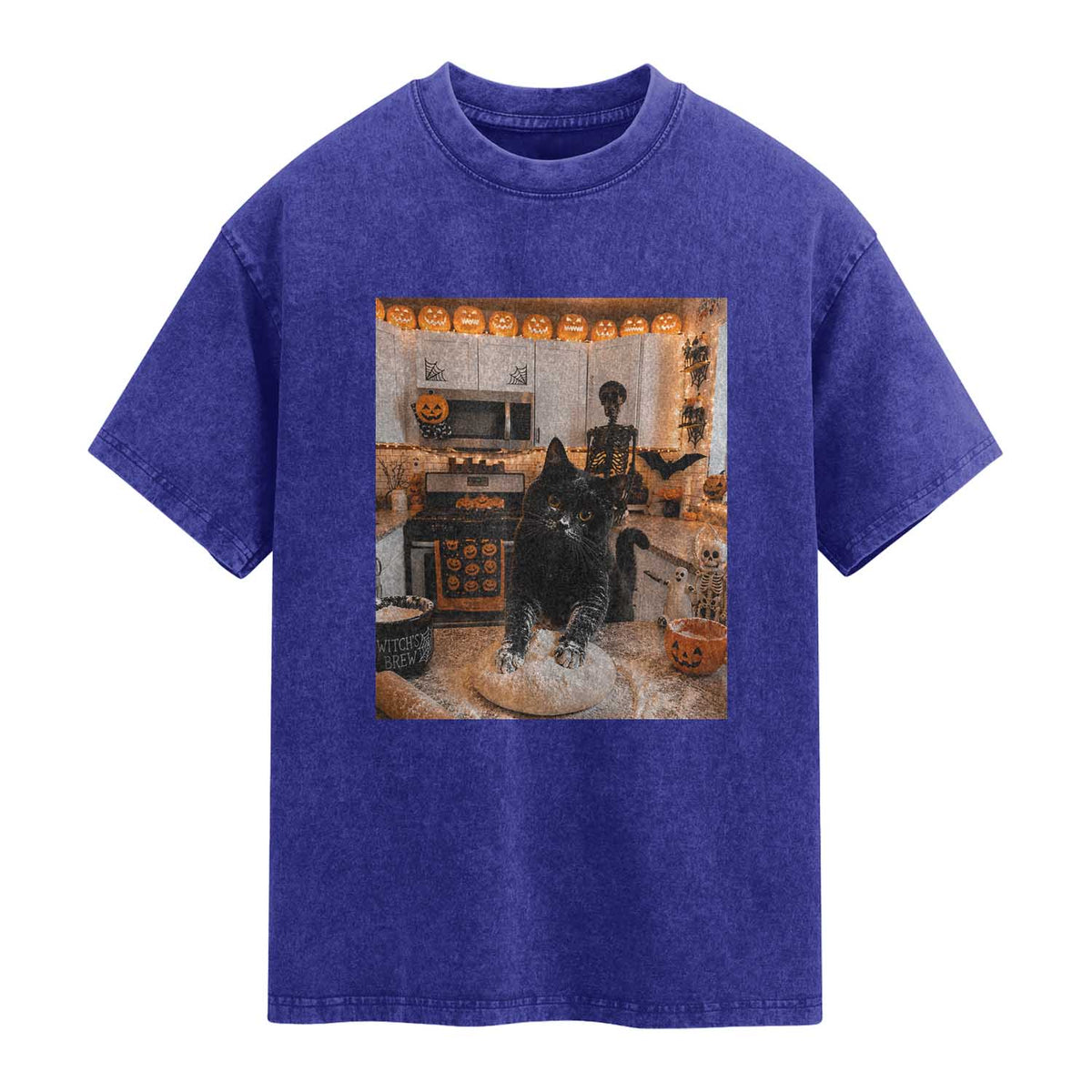 Black Cat Making Biscuits Washed Cotton T-Shirt Spooky Halloween Kitchen Flour Kneading Graphic