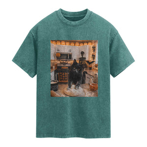 Black Cat Making Biscuits Washed Cotton T-Shirt Spooky Halloween Kitchen Flour Kneading Graphic