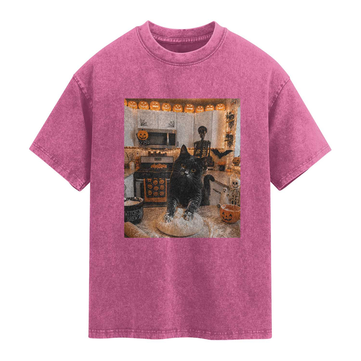 Black Cat Making Biscuits Washed Cotton T-Shirt Spooky Halloween Kitchen Flour Kneading Graphic