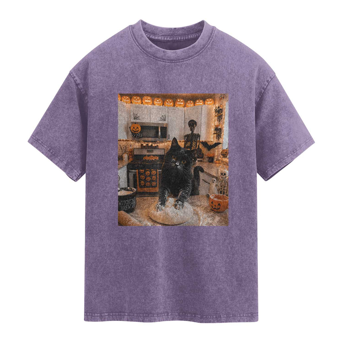 Black Cat Making Biscuits Washed Cotton T-Shirt Spooky Halloween Kitchen Flour Kneading Graphic