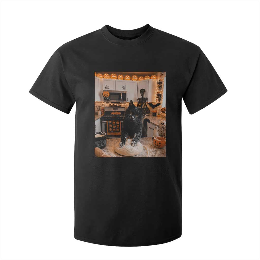 Black Cat Making Biscuits T Shirt For Kid Spooky Halloween Kitchen Flour Kneading Graphic