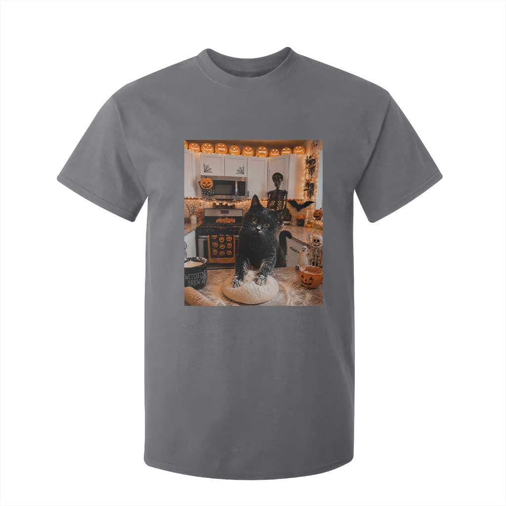 Black Cat Making Biscuits T Shirt For Kid Spooky Halloween Kitchen Flour Kneading Graphic