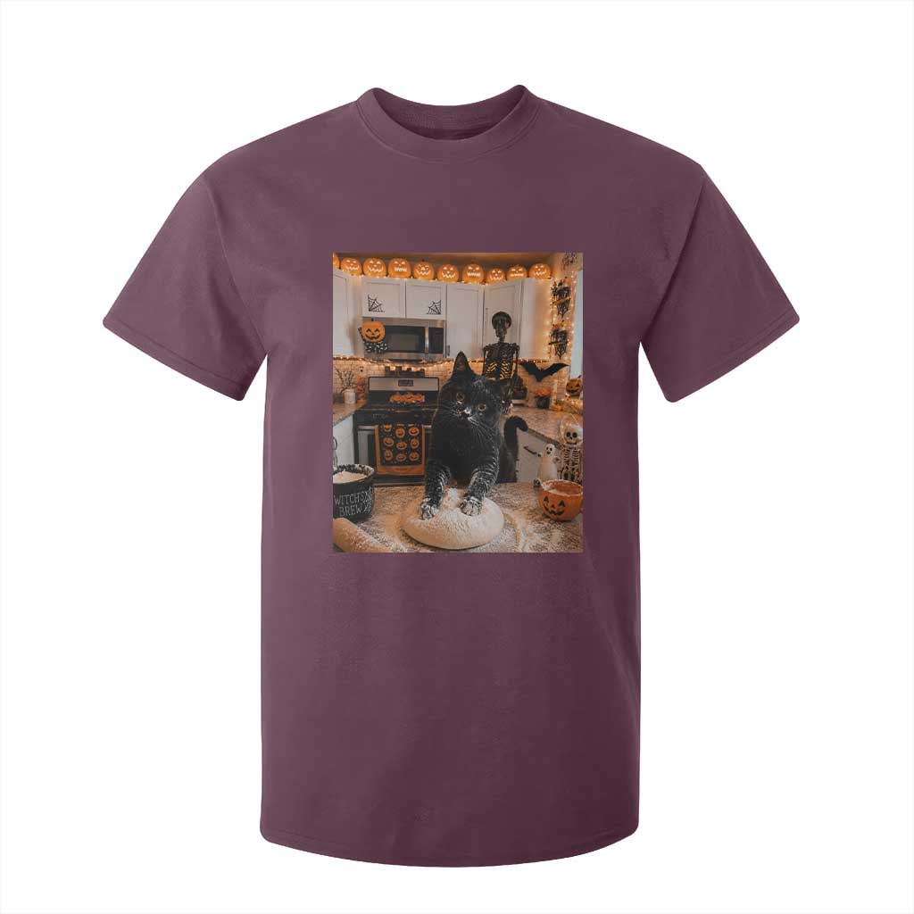 Black Cat Making Biscuits T Shirt For Kid Spooky Halloween Kitchen Flour Kneading Graphic