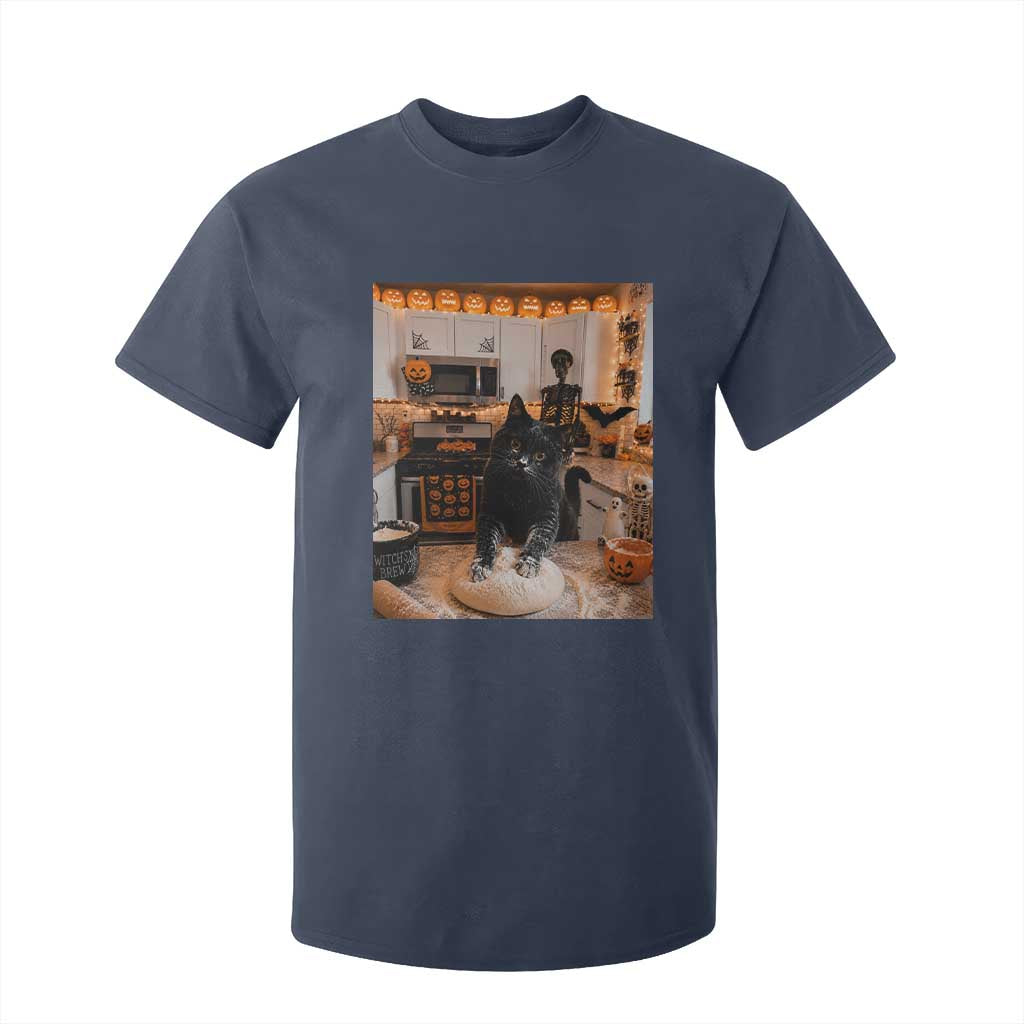 Black Cat Making Biscuits T Shirt For Kid Spooky Halloween Kitchen Flour Kneading Graphic