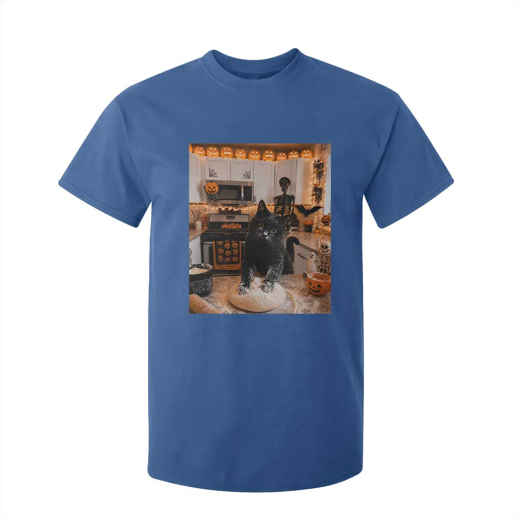 Black Cat Making Biscuits T Shirt For Kid Spooky Halloween Kitchen Flour Kneading Graphic