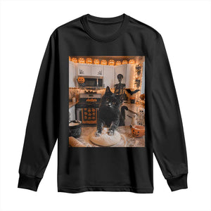 Black Cat Making Biscuits Long Sleeve Shirt Spooky Halloween Kitchen Flour Kneading Graphic