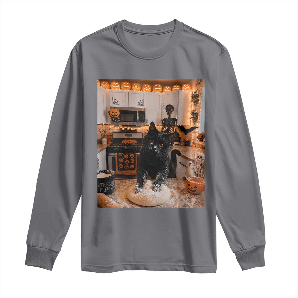 Black Cat Making Biscuits Long Sleeve Shirt Spooky Halloween Kitchen Flour Kneading Graphic