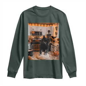 Black Cat Making Biscuits Long Sleeve Shirt Spooky Halloween Kitchen Flour Kneading Graphic