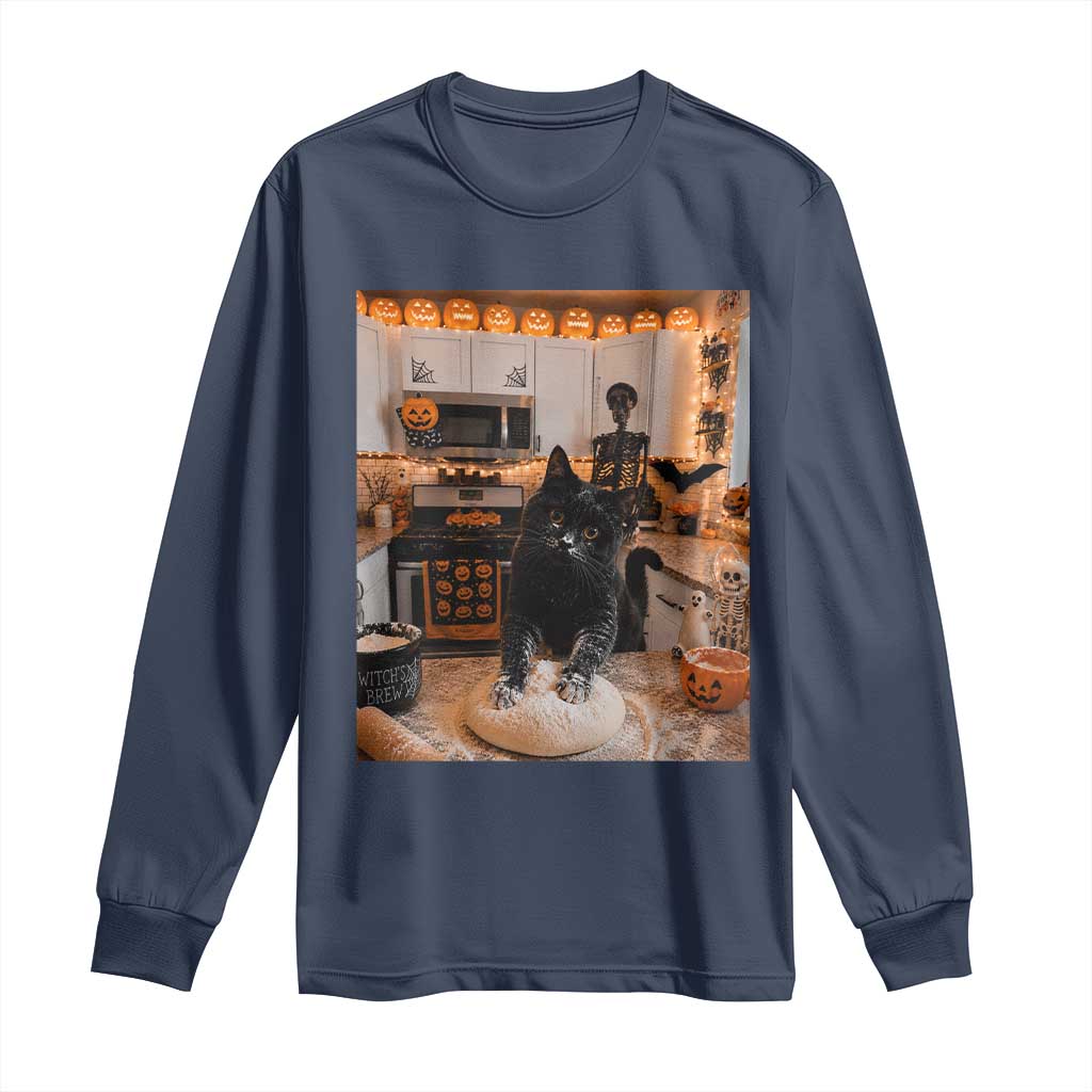 Black Cat Making Biscuits Long Sleeve Shirt Spooky Halloween Kitchen Flour Kneading Graphic