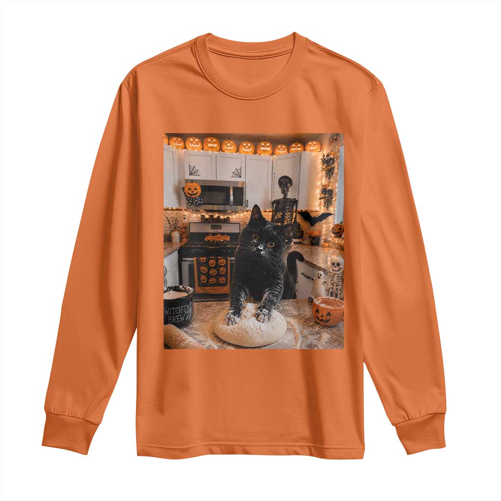 Black Cat Making Biscuits Long Sleeve Shirt Spooky Halloween Kitchen Flour Kneading Graphic