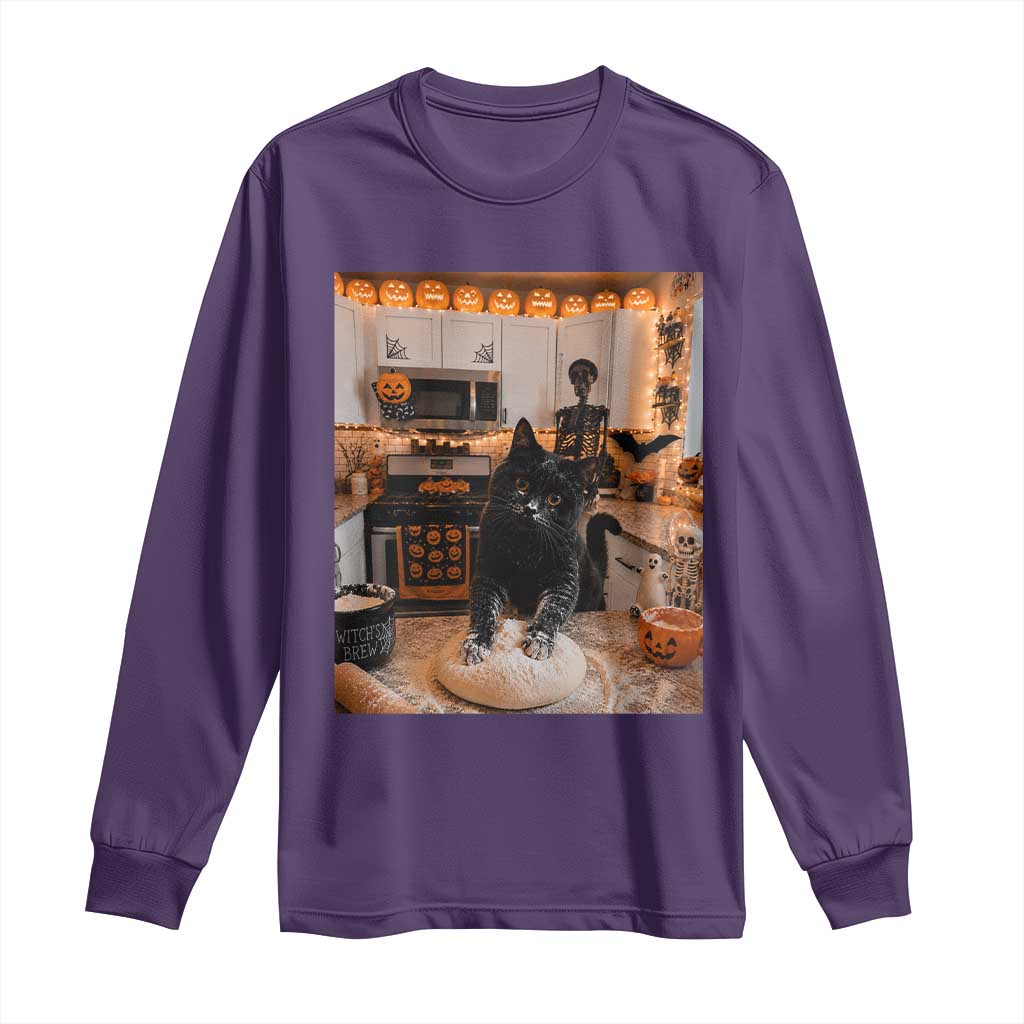 Black Cat Making Biscuits Long Sleeve Shirt Spooky Halloween Kitchen Flour Kneading Graphic