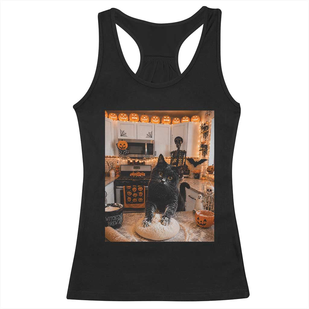 Black Cat Making Biscuits Racerback Tank Top Spooky Halloween Kitchen Flour Kneading Graphic