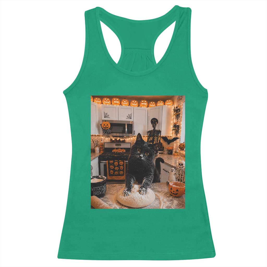 Black Cat Making Biscuits Racerback Tank Top Spooky Halloween Kitchen Flour Kneading Graphic