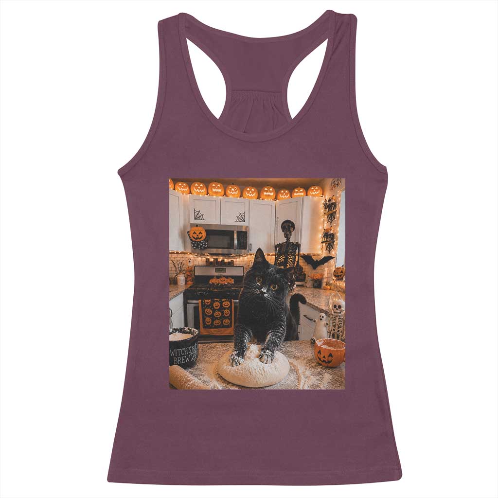 Black Cat Making Biscuits Racerback Tank Top Spooky Halloween Kitchen Flour Kneading Graphic