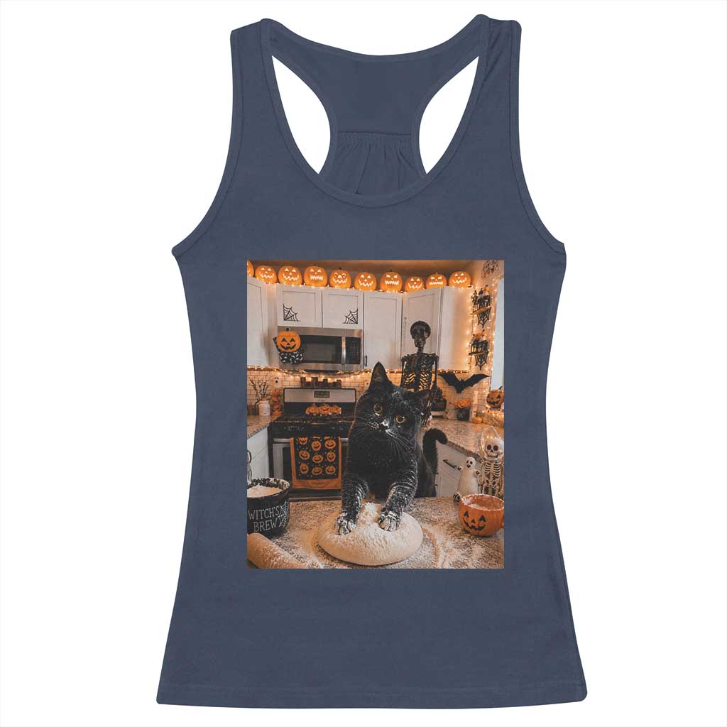 Black Cat Making Biscuits Racerback Tank Top Spooky Halloween Kitchen Flour Kneading Graphic