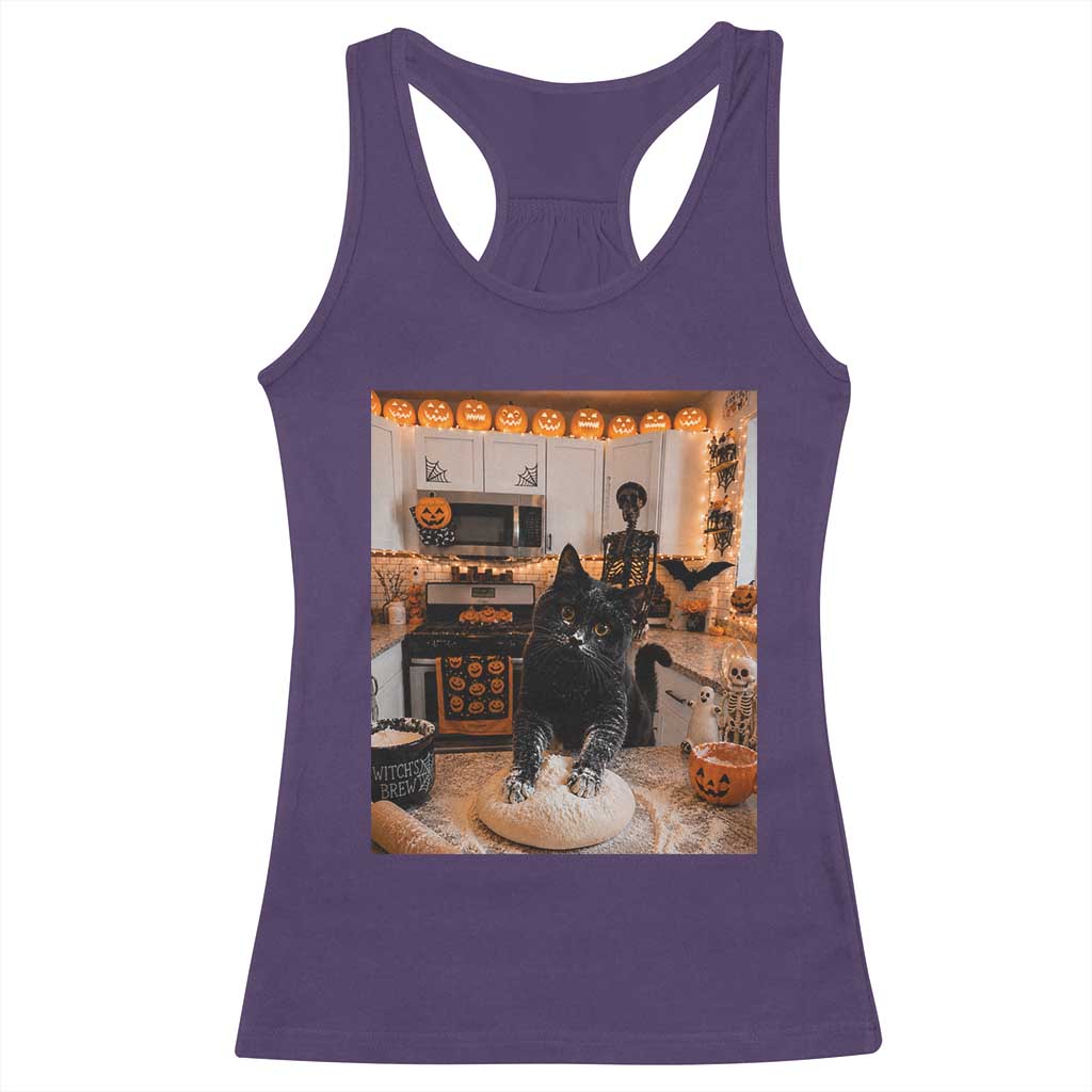 Black Cat Making Biscuits Racerback Tank Top Spooky Halloween Kitchen Flour Kneading Graphic