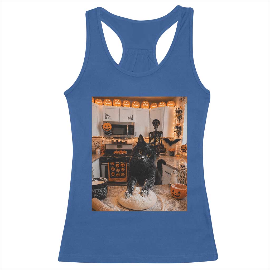 Black Cat Making Biscuits Racerback Tank Top Spooky Halloween Kitchen Flour Kneading Graphic