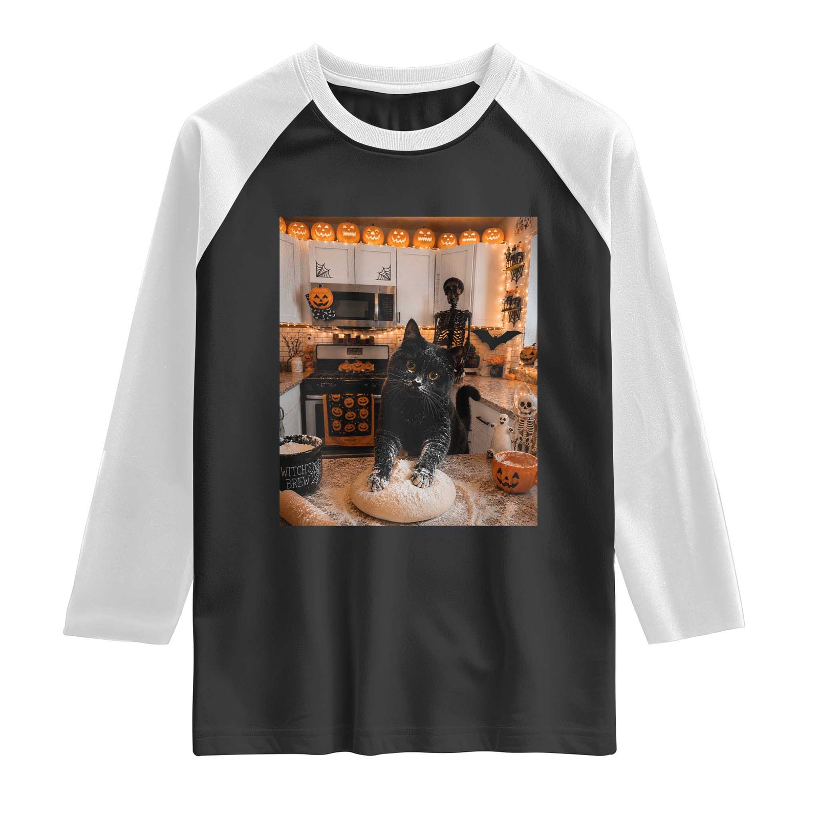 Black Cat Making Biscuits Raglan Shirt Spooky Halloween Kitchen Flour Kneading Graphic
