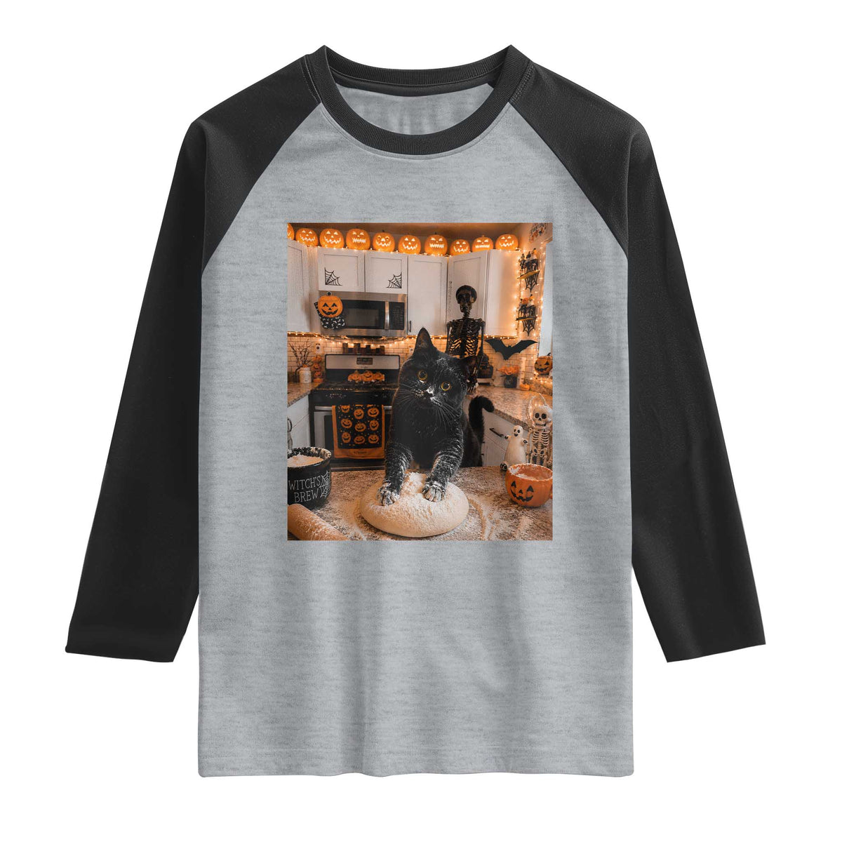 Black Cat Making Biscuits Raglan Shirt Spooky Halloween Kitchen Flour Kneading Graphic