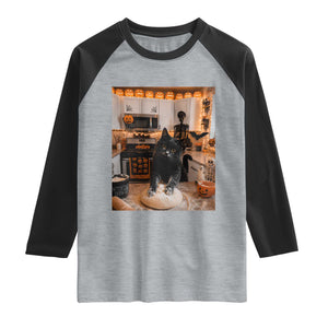 Black Cat Making Biscuits Raglan Shirt Spooky Halloween Kitchen Flour Kneading Graphic