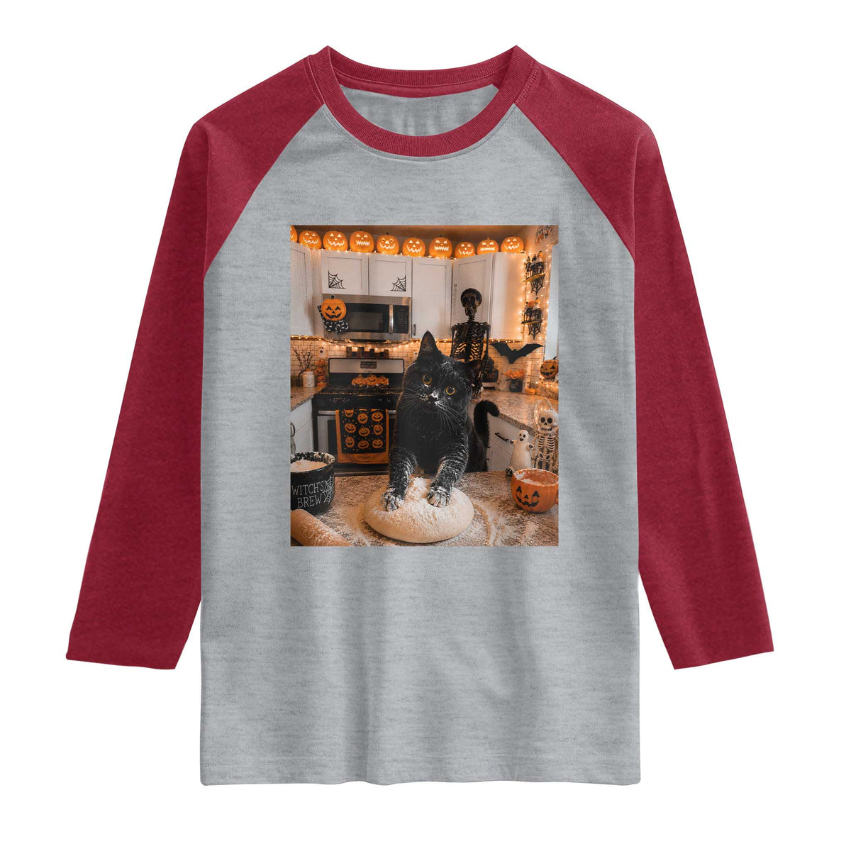 Black Cat Making Biscuits Raglan Shirt Spooky Halloween Kitchen Flour Kneading Graphic