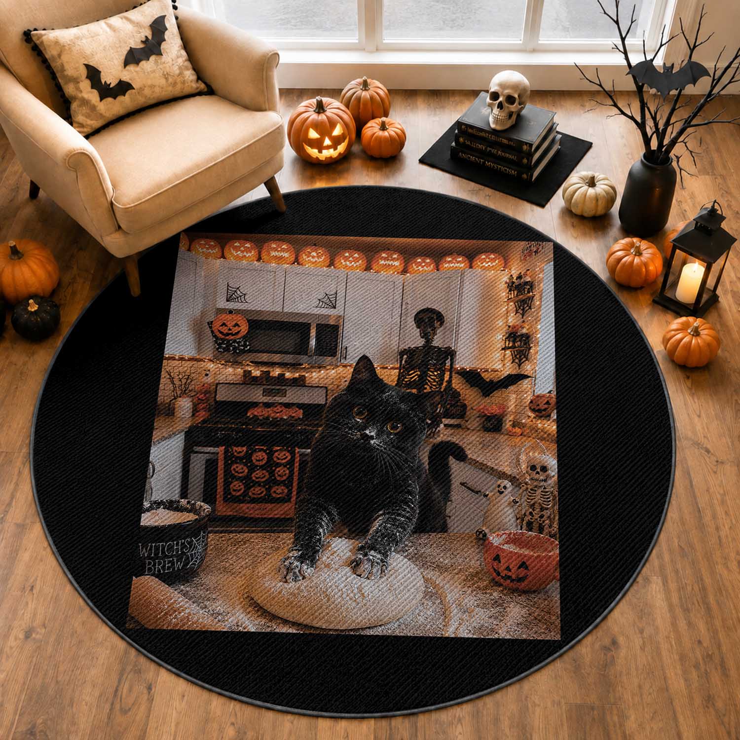 Black Cat Making Biscuits Round Rug Spooky Halloween Kitchen Flour Kneading Graphic