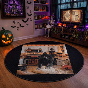 Black Cat Making Biscuits Round Rug Spooky Halloween Kitchen Flour Kneading Graphic