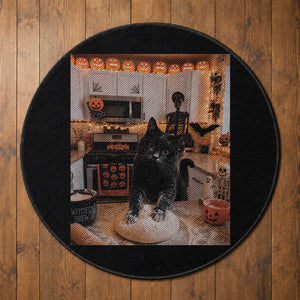 Black Cat Making Biscuits Round Rug Spooky Halloween Kitchen Flour Kneading Graphic
