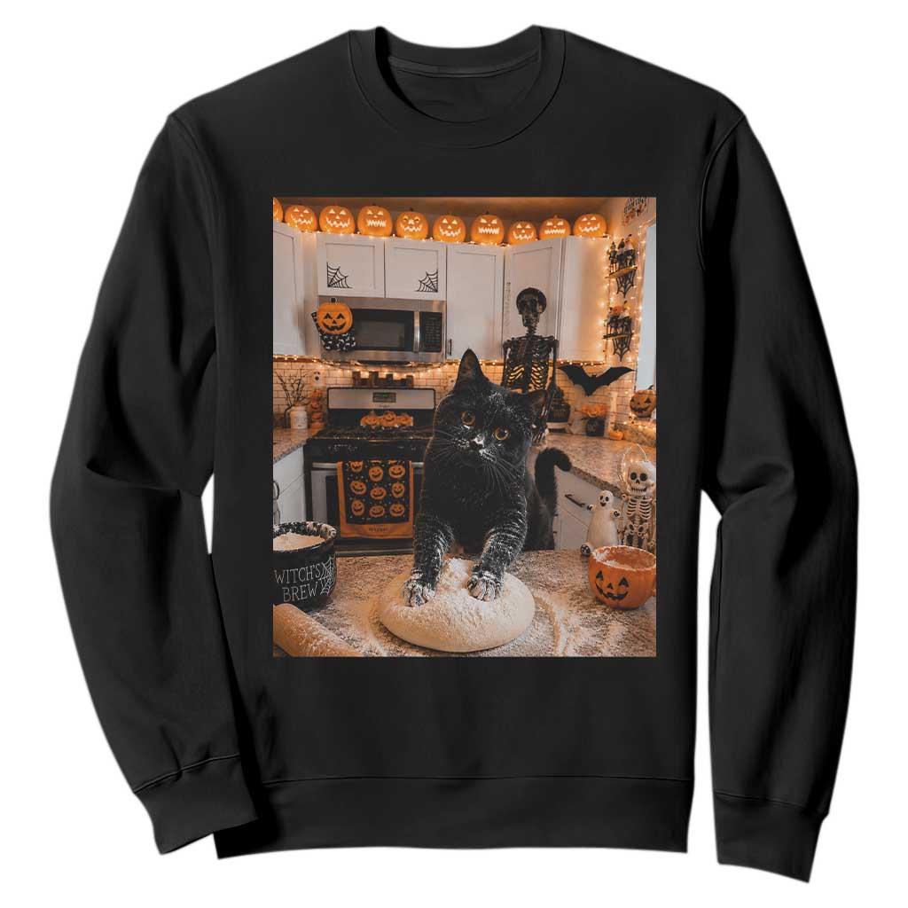 Black Cat Making Biscuits Sweatshirt Spooky Halloween Kitchen Flour Kneading Graphic