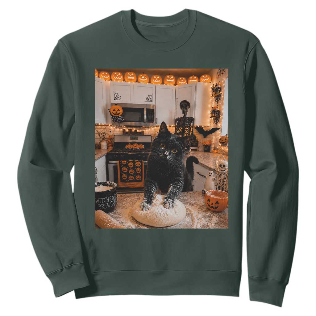 Black Cat Making Biscuits Sweatshirt Spooky Halloween Kitchen Flour Kneading Graphic