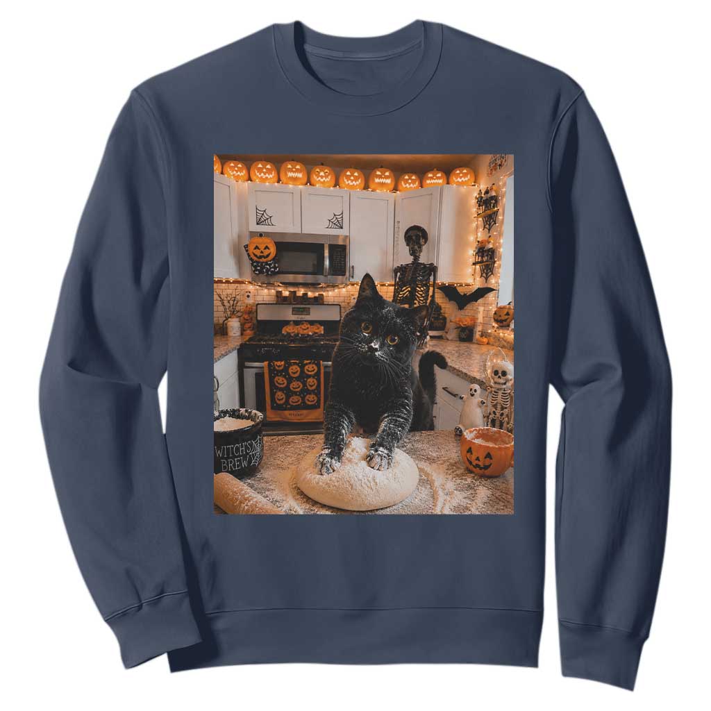 Black Cat Making Biscuits Sweatshirt Spooky Halloween Kitchen Flour Kneading Graphic