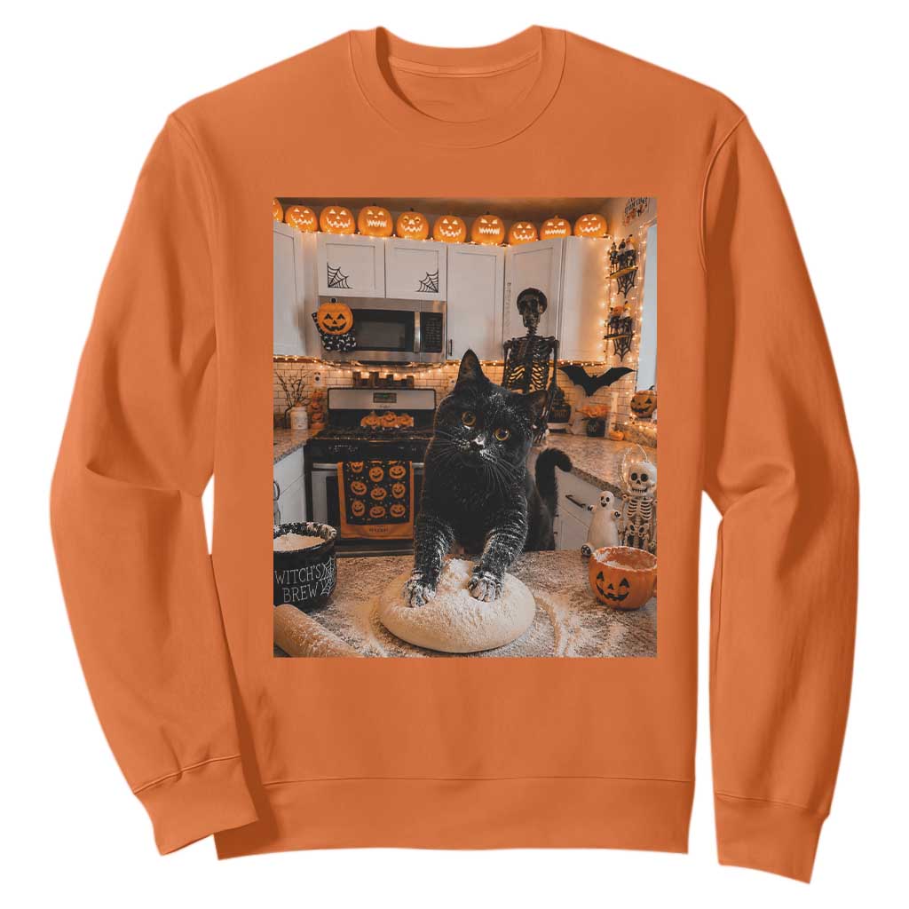 Black Cat Making Biscuits Sweatshirt Spooky Halloween Kitchen Flour Kneading Graphic