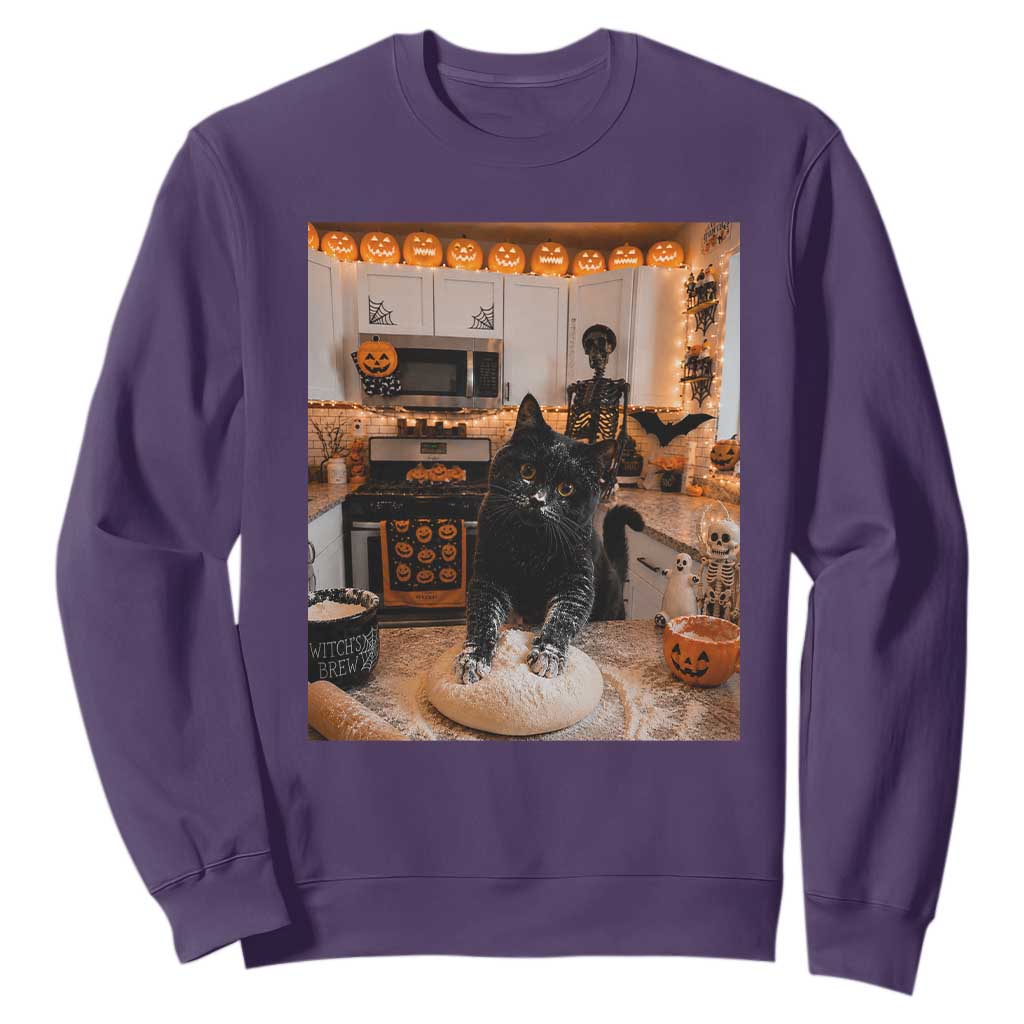 Black Cat Making Biscuits Sweatshirt Spooky Halloween Kitchen Flour Kneading Graphic