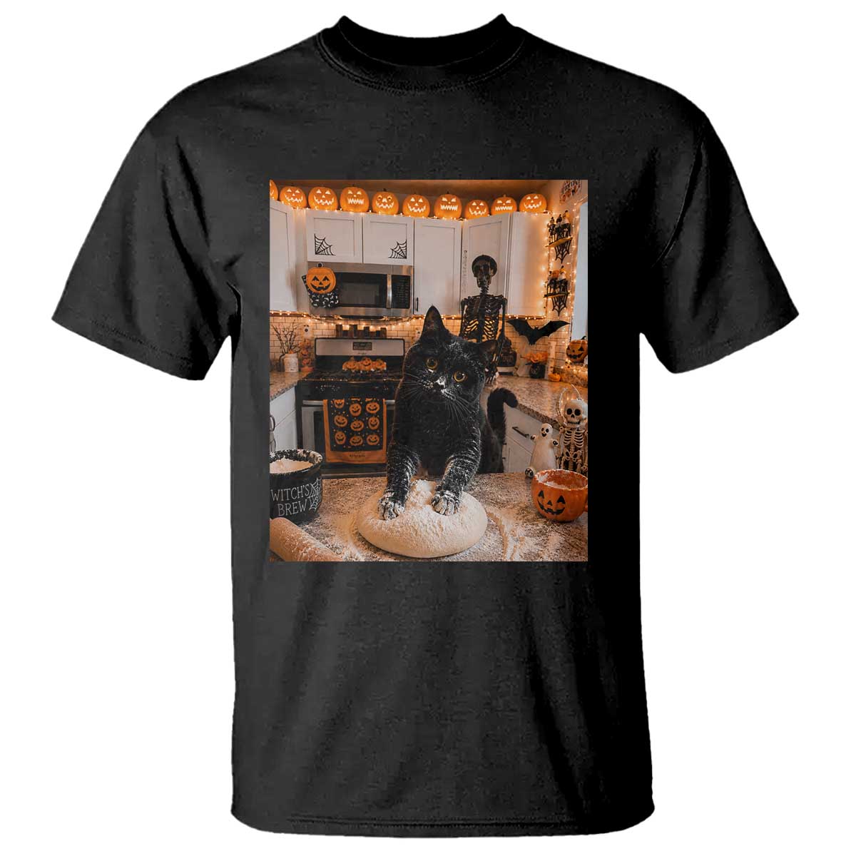Black Cat Making Biscuits T Shirt Spooky Halloween Kitchen Flour Kneading Graphic