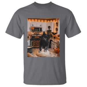 Black Cat Making Biscuits T Shirt Spooky Halloween Kitchen Flour Kneading Graphic