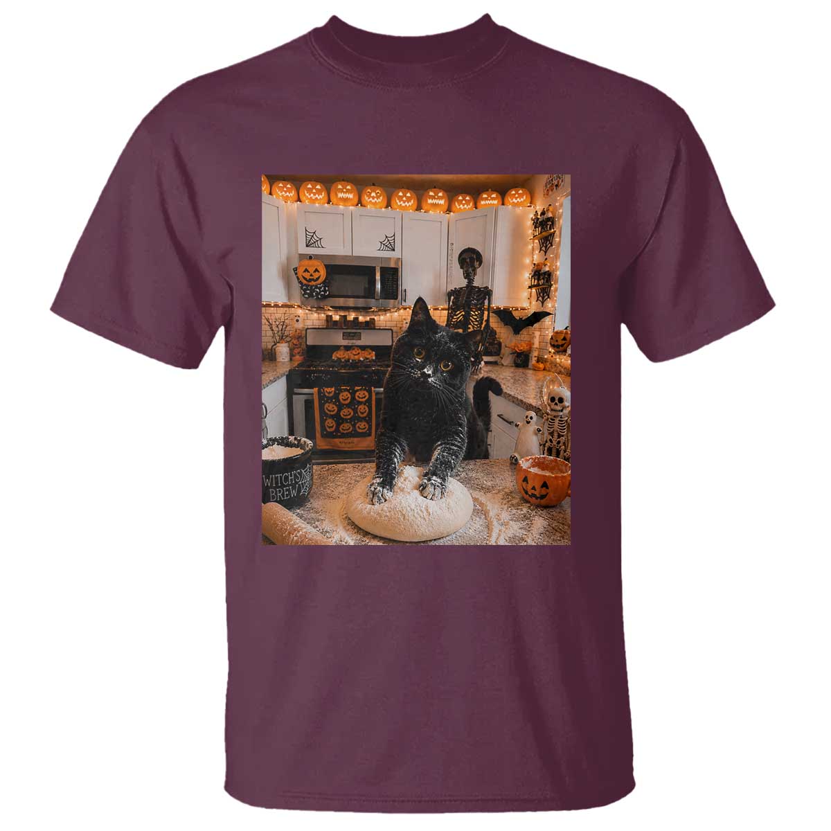 Black Cat Making Biscuits T Shirt Spooky Halloween Kitchen Flour Kneading Graphic