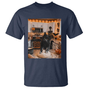 Black Cat Making Biscuits T Shirt Spooky Halloween Kitchen Flour Kneading Graphic