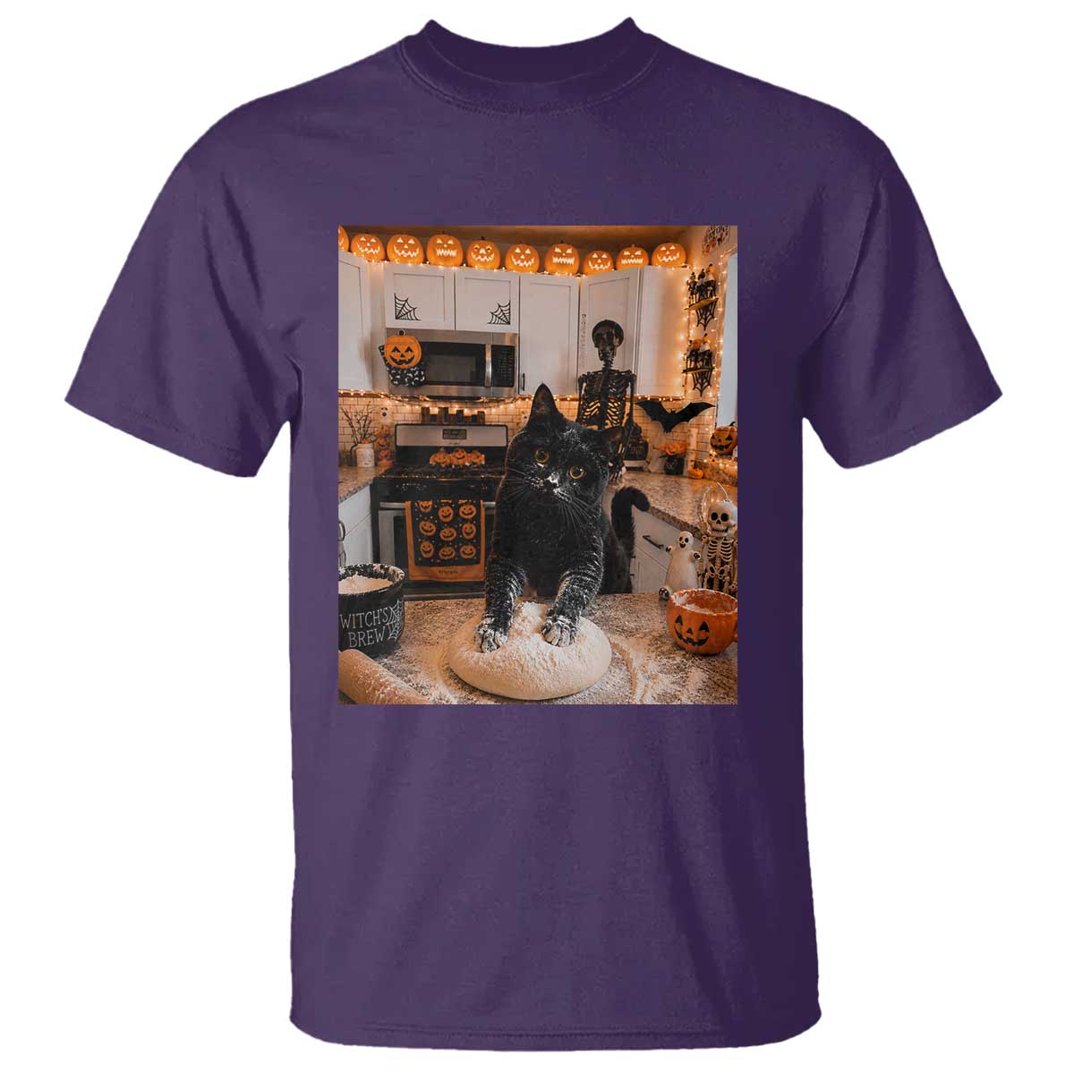 Black Cat Making Biscuits T Shirt Spooky Halloween Kitchen Flour Kneading Graphic