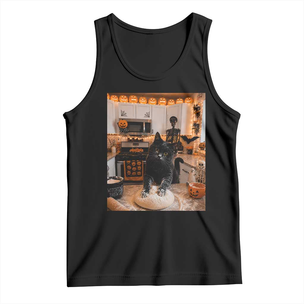 Black Cat Making Biscuits Tank Top Spooky Halloween Kitchen Flour Kneading Graphic