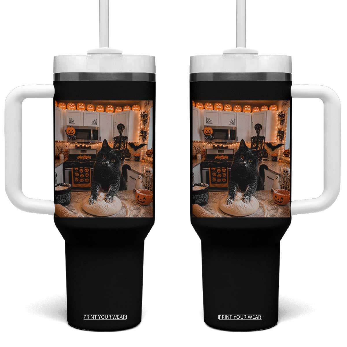 Black Cat Making Biscuits Tumbler With Handle Spooky Halloween Kitchen Flour Kneading Graphic