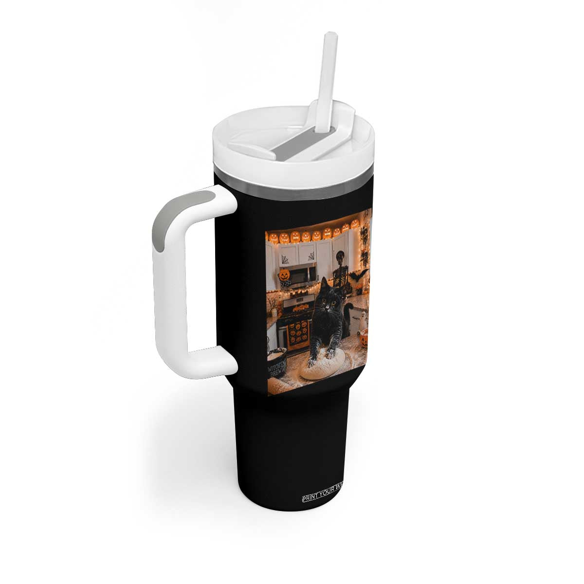 Black Cat Making Biscuits Tumbler With Handle Spooky Halloween Kitchen Flour Kneading Graphic