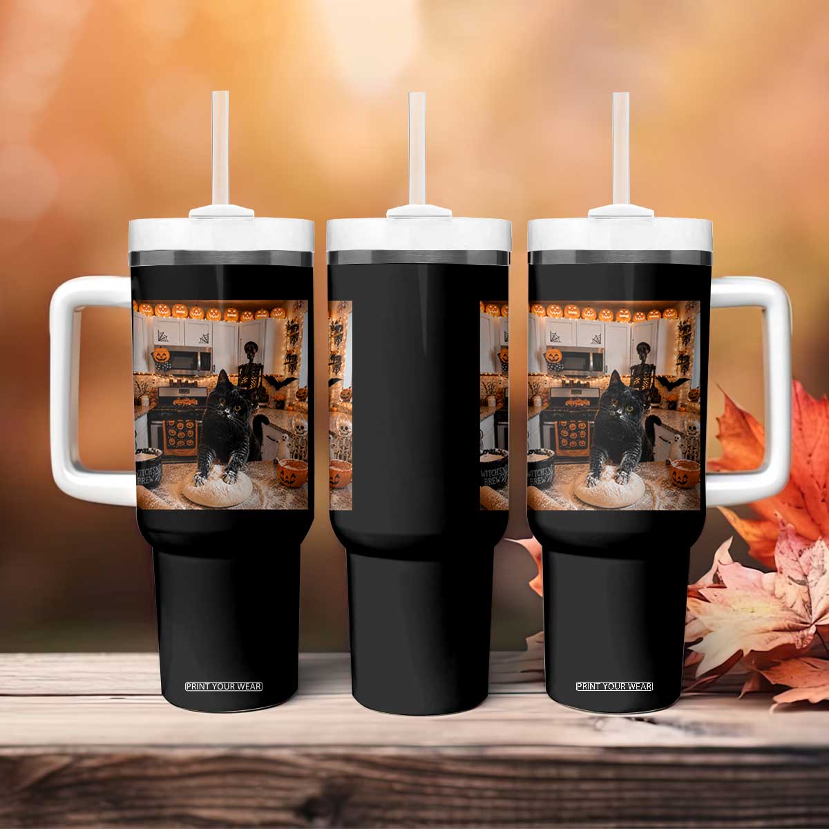 Black Cat Making Biscuits Tumbler With Handle Spooky Halloween Kitchen Flour Kneading Graphic