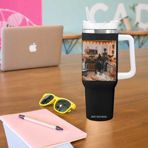 Black Cat Making Biscuits Tumbler With Handle Spooky Halloween Kitchen Flour Kneading Graphic