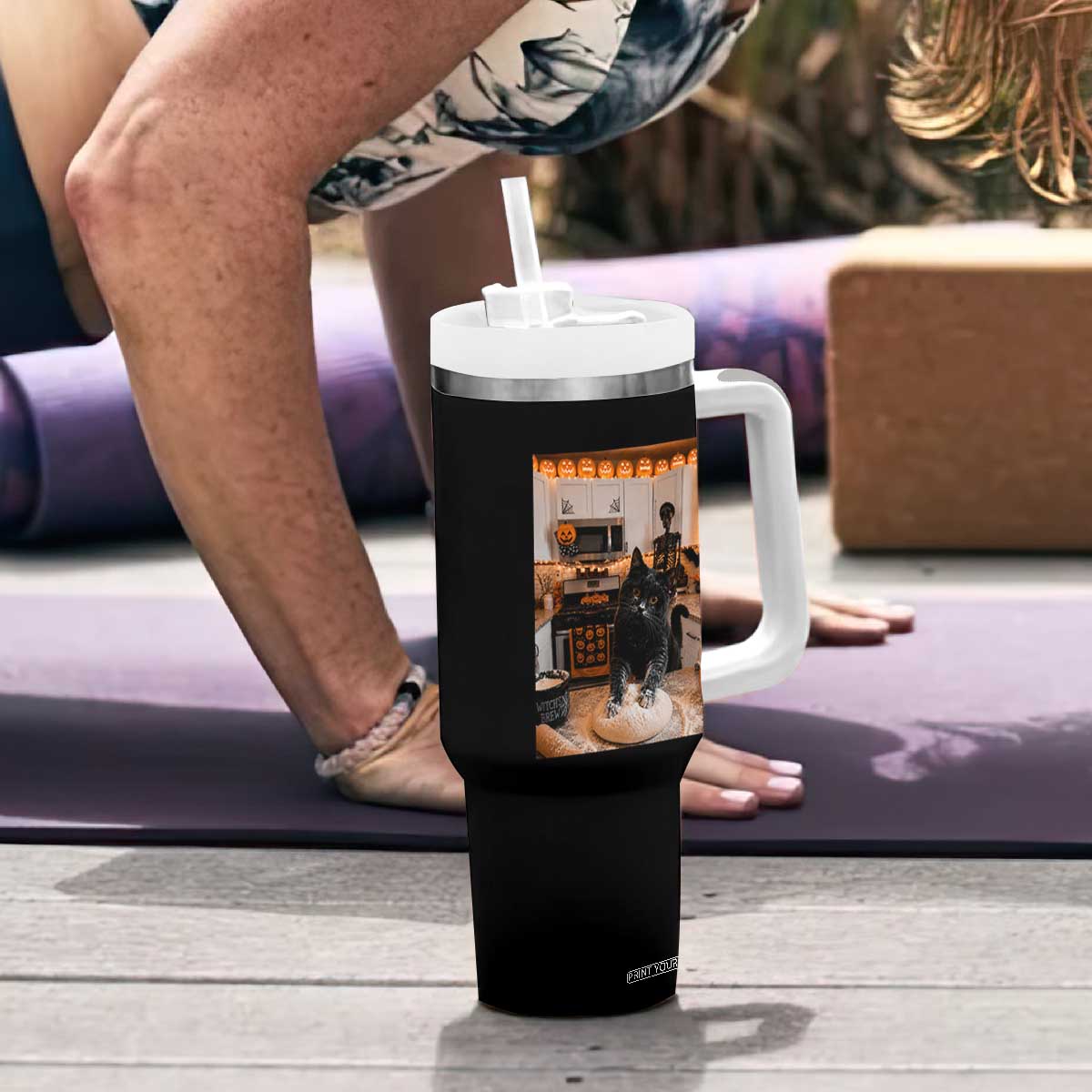 Black Cat Making Biscuits Tumbler With Handle Spooky Halloween Kitchen Flour Kneading Graphic