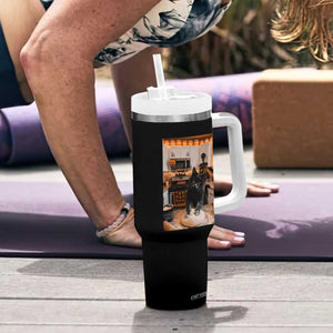Black Cat Making Biscuits Tumbler With Handle Spooky Halloween Kitchen Flour Kneading Graphic