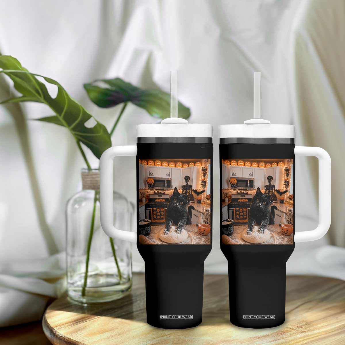 Black Cat Making Biscuits Tumbler With Handle Spooky Halloween Kitchen Flour Kneading Graphic