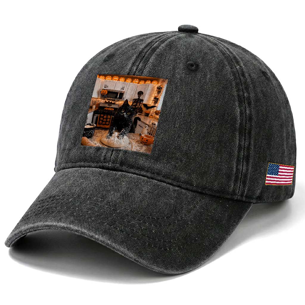 Black Cat Making Biscuits Washed Cotton Baseball Cap Spooky Halloween Kitchen Flour Kneading Graphic